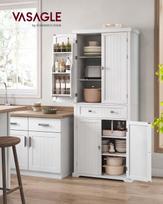 VASAGLE Aukšta virtuvės spintelė maisto produktams, 40 x 76 x 182,1 cm, Pastatoma aukšta sandėliavimo spintelė su stalčiumi, 4 reguliuojamos lentynos, 6 durelių lentynos balta