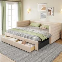 Apmuštas 3-in-1 sofa-lova 90 x 190 cm, su stalčiais, transformuojama į viengulę/dvigulę su grotelėmis, medvilnė ir linas, smėlio spalvos (Čiužinys neįtrauktas) 207 x 189 x 74 cm smėlis