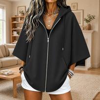 Women's Casual 3/4 Sleeve Hooded Zip-Up Jacket with Loose Fit for Everyday Wear L juoda
