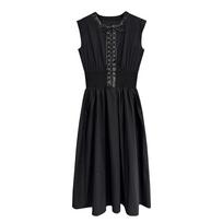 2026 Spring Women's Black Spicy Girl Sleeveless Patchwork Tie-Up Slim Fit Long Dress S