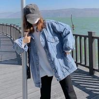 Women Black Denim Jacket Korean Style Loose Fit Casual Long Sleeve Outerwear Spring Autumn Fashion M mėlyna