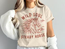 Wild Soul Steady Horse T-Shirt, Majestic Equine Mountain Graphic Tee, Rustic Nature Horse Lover Shirt, Freedom Adventure Rider Gift 3XL