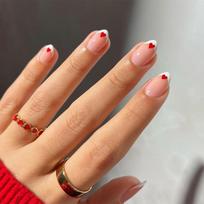 Valentine's Day Press on Nail Short Almond False Nail White French Tips With Heart Designs Nail Accesories For Women 1 brown