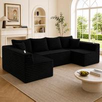 U formos velvetinis kampas su puodelių laikikliais ir šoninėmis kišenėmis, spyruoklinis pagrindas, 4 atlošo pagalvės ir 2 dekoratyvinės pagalvės. 320 x 155 x 88 cm juoda
