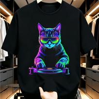 Neon Rainbow DJ Cat Wearing Sunglasses Turntable EDM Print T-Shirt Streetwear Tee Tops 100% Cotton Slim Fit Tshirts L blue
