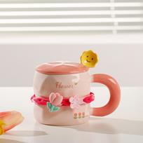 Tulip Mug with Lid Spoon High End Sense of Girls' Flowers Ceramic Cup High Looking Cute Ins Household Water Cup 301-400ml white