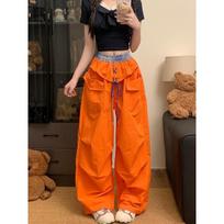 Hip-hop hip-hop splicing contrasting color dopamine quick-drying pants loose tooling wide-leg floor-mopping pants couple casual trousers S oranžinė