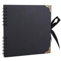 DIY Scrapbook Photo Album, Cardstock with Metal Corner Protectors & Ribbon Tie, Double Wire Coil Binding Blank Memo Book for Travel, Wedding, B black