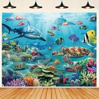 Vibrant Underwater World Party Backdrop - Ocean Life Coral Reef and Sea Turtle Wall Hanging 100X70CM blue