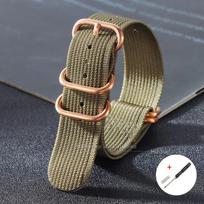 Military Nylon Watch Strap 18mm 20mm 22mm 24mm for Samsung Watch4/5/6/7 Universal Wristband Rosegold Buckle Soft Canvas Bracelet 18mm žalia