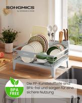 SONGMICS Dish Drying Rack, Dish Drainer Rack for Kitchen Counter, 360 degrees Rotatable and Extendable Spout, Draining Board, with Cutlery Holder pilka spalva