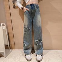Children Winter Thermal Wide Leg Jeans Pants For Girls With Star Straight Loose Thick Jeans Lined Kids Warm Denim Trousers 170 gray