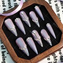 Press-On Nails Purple Cat Eye Heart Design French Tip Acrylic Fake Women Long Pointed Style L Includes 3-piece nail art tool kit gray
