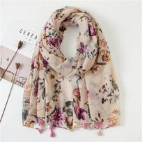 Madingas gėlėmis margintas kutais puoštas šalis medvilninis viskozinis šalikas moterims paplūdimiui nuo saulės musulmoniškas hidžabas skara galvos apdangalas 180*90cm beige
