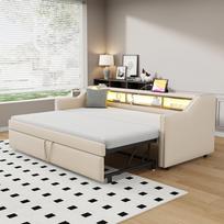 Apmuštas lovos ištraukiamasis miegamasis sofa 90/180 x 190 cm, daugiafunkcinė daiktadėžė, LED apšvietimas ir USB lizdas, su groteliniu rėmu, smėlio spalvos 203.5 x 102 x 74 cm smėlis