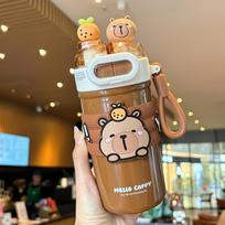 520ml Capybara Simplicity 316 Stainless Steel Vacuum Cup With Straw Strap Double Drink Portable Student Water Bottle 520ml brown