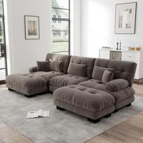 Prabangus modulinis kampinis sofa - Ypač didelė U formos debesų sofa svetainei, su gilia sėdimąja dalimi, transformuojama į miegamąją sofą su pufiku, čenilo rudos spalvos 313 x 145 x 81 cm ruda