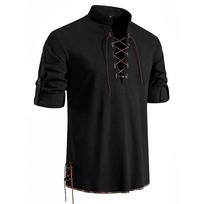 Men's Mandarin Collar Lace-Up Shirt with Roll-Up Sleeves & Colorful Hem - Boho Vacation Top S juoda