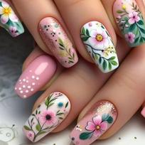 24 Pieces Medium Length Acrylic Press On Nail Cute Spring Flower False Nail Glossy Full Cover Stick on Nail For Manicure 1 brown