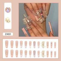 Spice Girl ins Pneumatic Diamond Pearl Bow Wear Nail Shiny Glitter French Nail Art Fake Nails beige