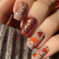 Stylish Maple Leaf Press On Nail 24pcs Short Square False Nail Glossy Stick on Nail for Thanksgiving and Daily Wear 1 brown