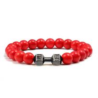 Gym Dumbbells Beads Bracelet Natural Stone Barbell Energy Weights Bracelets for Women Men Couple Pulsera Wristband Jewelry Gift 17cm raudona