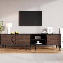 180*35*49cm žemas TV spintelė su 2 durelėmis, TV staliukas su atviromis lentynomis, tamsaus riešuto spalvos, tinkamas 80 colių televizoriams 180 x 35 x 49 cm