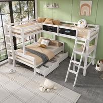 Children's Loft Bed, Three Children Can Sleep, Has Storage Drawers, Made of Pine Wood, Bunk Bed, Bed with Desk and Shelf, 140*200cm,90*200cm,White