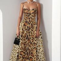 Summer new women's clothing, Europe, America, sexy Spice Girls leopard print waist A-word dress S
