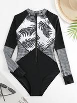 Women's Swimsuit Long Sleeve Surfing Suit Zipper Style Swimsuit One-piece Swimsuit  Printed  Bikini XS juoda