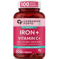 Carbamide Forte Iron Supplement for Women & Men | Folic Acid Tablets with Vitamin C, B12, Zinc | 100 Veg Iron Tablets for Women & Men