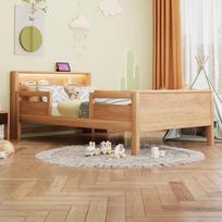 Medinė lova 90 x 200 cm, USB ir Type-C kombinuotas lizdas, Mažas LED šviestuvas, Galvūgalis su laikymo funkcija, Vaikų lova, Viengulė lova, Pušies mediena 213 x 95 x 80 cm