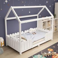 Namelio formos lova 90x200 cm – universali medinė vaikiška lova berniukams ir mergaitėms – su apsauga nuo iškritimo ir groteliniu dugnu – balta (be čiužinio) balta