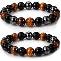WFJ Juodo obsidiano ir hematito trigubo apsaugos apyrankių rinkinys - Tigro akies karoliukų natūralaus akmens apyrankė vyrams, moterims, brangakmenis (10 mm) Adjustable Double Set of black