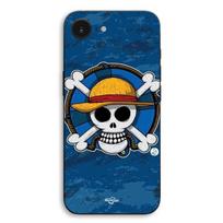 Dėklas iPhone 16E One piece kaukolės logotipas mėlynas fonas manga anime Maniacase juoda