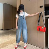 kids Suspenders Jeans spring Sweet Wide Leg Vintage  Denim Jumpsuit High Waist Loose All-Match Pants Clothes 160 mėlyna