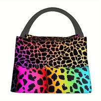 Rainbow Giraffe Print Lunch Tote Bag Insulated Polyester Cooler Handbag for Travel School Office One Size black
