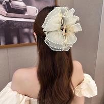 Elegant Chiffon Pearl Grab Clip Girl Double Sided Bow Hair Claw Clip  Bubble Women'S Hair Accessories Shark Clip balta