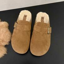 Bebealy Fashion Fur Clogs Slippers for Women Winter Fluffy Cork Insole Plush Slippers with Arch Support Furry Suede Mules Shoes 35 ruda