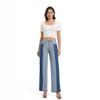 Women's High Waist Color Block Frayed Straight Leg Jeans Slim High Stretch Spliced Denim Trousers Casual Commuter Pants For Summer Daily Wear S mėlyna