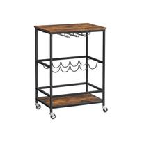 VASAGLE LRC087B01 Virtuvinis vežimėlis ant ratukų su lentynomis, stiklo ir butelių laikikliais 60 x 40 x 75 cm Pramoninis dizainas, vintažinis rudas/juodas ruda
