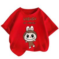 Children's Labubu T-shirt Cartoon Print Girl Short Sleeved Round Neck Top New Fashionable Loose T-shirt 150 gray