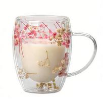 1/2 vnt. 350 ml puodelis su džiovintomis gėlėmis, dviguba sienele, izoliuotas kavos puodelis su rankena, espreso, latte, kapučino, pieno, sulčių, arbatos, vandens gėrimo puodelis 350ml A white