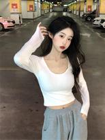 Autumn new pure desire Spice Girl big U-neck thin slim short white long-sleeved T-shirt top women's fashion M