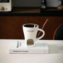 Personal Fondue Mug Includes Dipping Fork Ceramic Chocolate Melter Heart Pattern Tea Light White English black