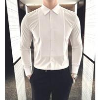 Men French Style Textured Slim Fit Long Sleeve Formal Tuxedo Dress Shirt M balta