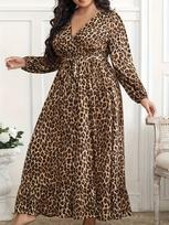 Women's Plus Size Leopard Print Maxi Dress V Neck Long Sleeve Waist Tie Loose Fit Casual Long Dress 1XL-5XL 5XL black