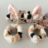 3 vnt./rinkinys Mielas Katės Ausies Leopardinis Spausdinimo Pliušinis Galvos Apdangalas Moterims Merginoms Spa Veido Prausimui ir Makiažui Elastinga Riešo Juosta gray