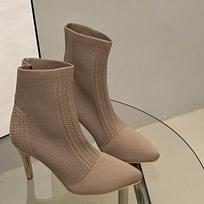Women's Fashion Knit Mesh Breathable Short Thigh Boots Fall New Pointed Toe Pullover Foot Non-Slip Stiletto Heels 35 chaki
