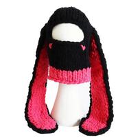 Y2K Women's Rabbit Ears Hand-knitted Hat  Sweet and Cool Chick  Thickened Thermal Mask Demon Hood Party Bear Beanie One Size black